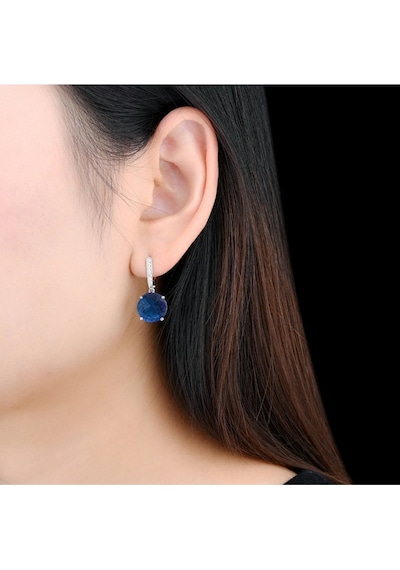 Brezza Lusso Jewelry Safir Taşlı Tektaş Pırlanta Sallantılı Kadın Gümüş Küpe 9 Mm