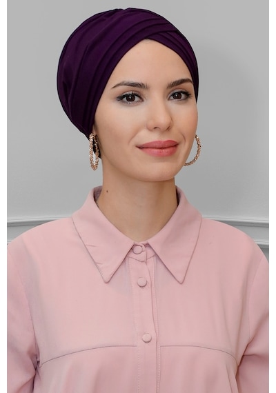 Hürrem Bone Mürdüm Pratik Hazır Geçmeli Tesettür Bone Sandy Kumaş Üç Çapraz 1 Mürdüm