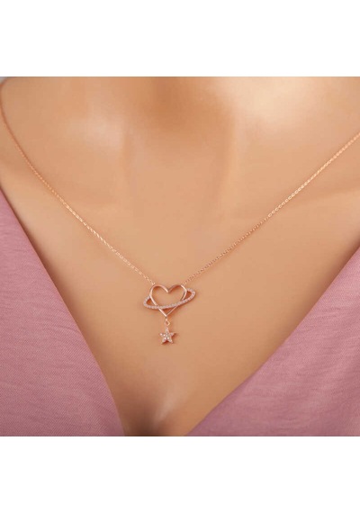 925 Ayar Gümüş Rose Kalp Yıldız Kadın Kolye Rose Gold