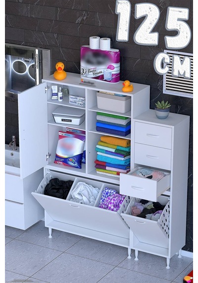 Ohbe 90 + 35cm Genişlik 160cm Boy 32,5cm Derinlik Kirli Sepetli 1 Kapak 3 Çekmeceli Çok Amaçlı Banyo Dolabı Beyaz