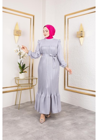 Harman Butik Kadın Fırfır Detaylı Kuşaklı Gri Keten Elbise Gri Gri