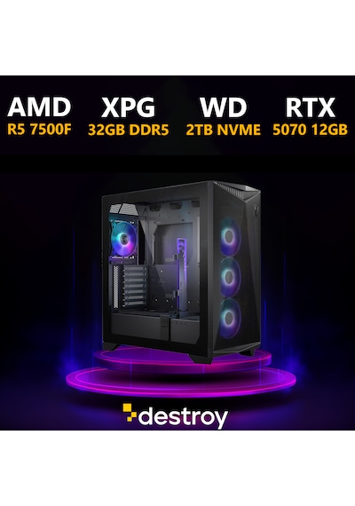 Destroy ZPFX R5-7500F 32 GB 2 TB SSD 12 GB RTX5070 Free Dos Oem Paket Masaüstü Bilgisayar