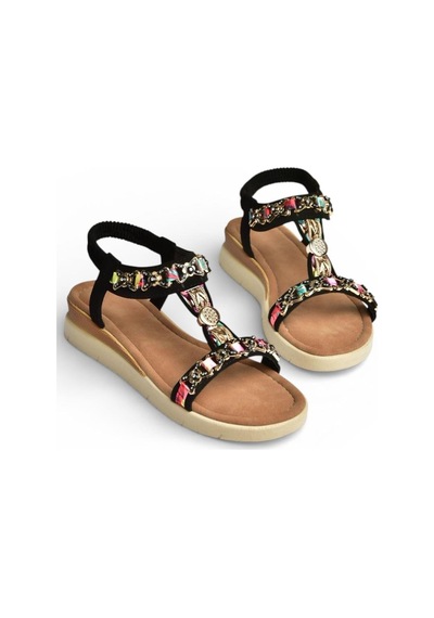 Fox Shoes Y274801409 Siyah Düz Tabanlı Renkli Taş Detaylı Kadın Sandalet Siyah