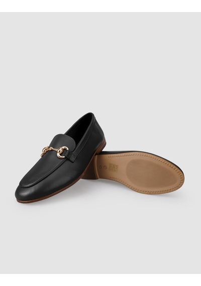 %100 Hakiki Deri Siyah Tokalı Kadın Loafer Siyah