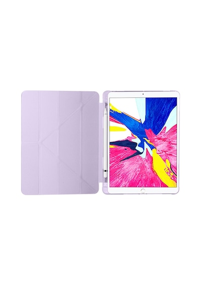 İpad 10.2 2020 8.nesil A2270-a2428-a2429-a2430 Uyumlu Kalem Bölmeli Dönebilen Üçgen Standlı Tri Folding Tablet Kılıfı - Mor - T15515