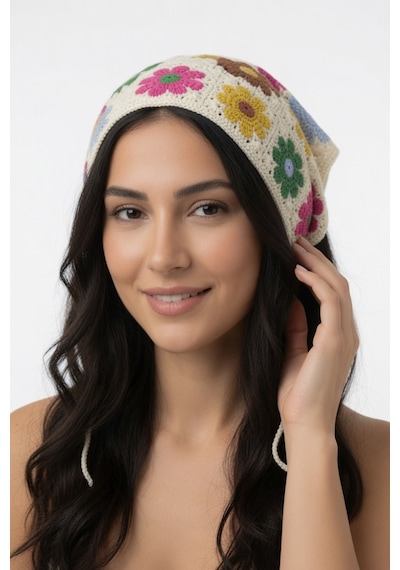 Yazlık Çiçek Motifli Üçgen Triko Bandana Kadın Ayarlanabilir Saç Aksesuarı Çok Renkli