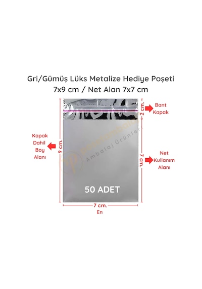 7x9 Cm Gümüş Renk Bantlı Lüks Metalize Hediyelik Poşet 50 Adet