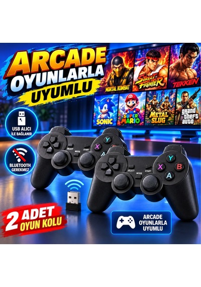 Schitec 2 Adet Kablosuz Arcade Oyun Kolu Seti Usb Alıcılı Retro Oyun Konsolu Uyumlu