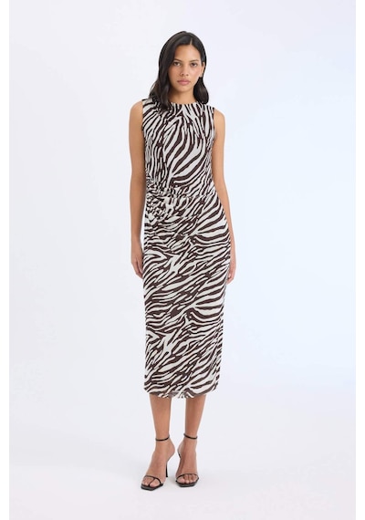 Defacto Bodycon Vücudu Saran Yarım Balıkçı Yaka Zebra Desenli Tül Kolsuz Midi Elbise E2903AX25SP Kahve