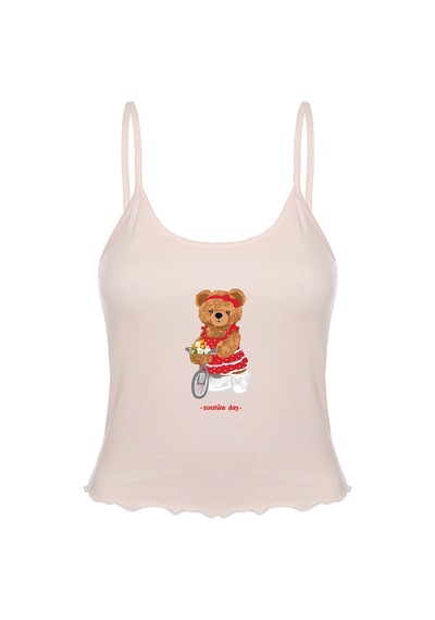 Koza İç Giyim Kadın İnce Askılı Desenli Pamuklu Şortlu Pijama Takımı Kk30231 Pudra