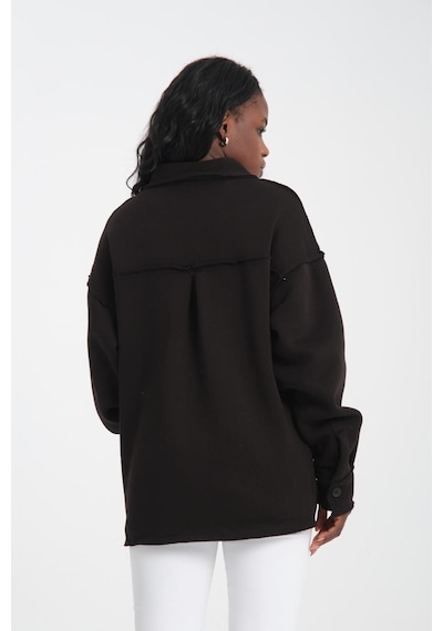 R-5750 Ceket Yaka Pis Dikişli Üç İplik Şardonlu Sweatshirt Siyah