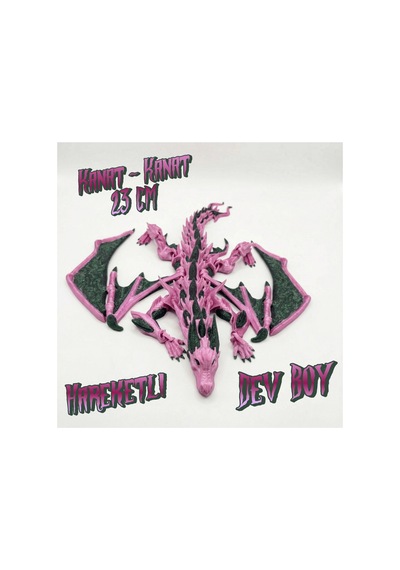 Atatug Dev Boy İpeksi Fuşya Ve Simli Yeşil Kanatlı Ejderha Figürü - 23x23 Cm 3d Baskı Hediye