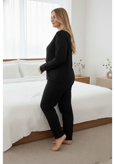 Eyfuze Kadın Büyük Beden Desenli Yakası Düğmeli Uzun Kollu Bambu Pijama Takımı Siyah