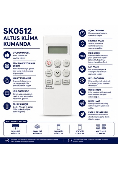 Altus Sk0512 Lcd Ekranlı Klima Kumandası .