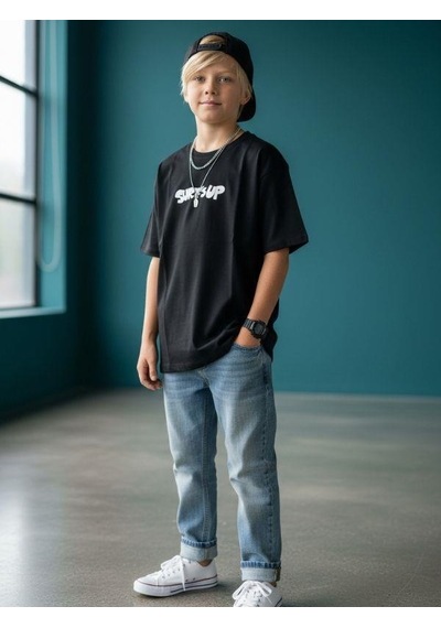 Zekids Erkek Çocuk Pamuklu Sırt Baskılı Kısa Kollu Tasarım T-shirt-16866 SIYAH