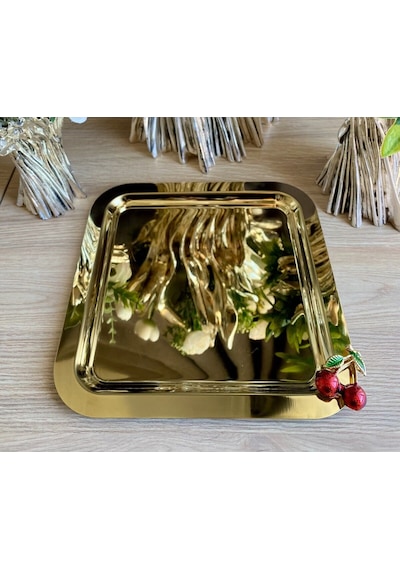 Atabey Home Collection 2 Adet Kahve & Çay & Sunum Tepsisi Gold Tepsi Kiraz Dökümlü