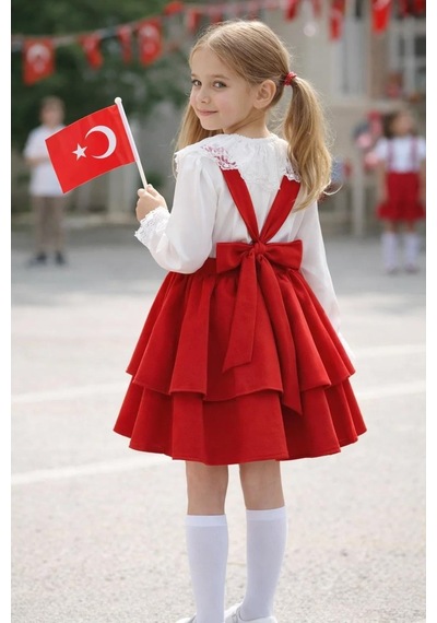 Miniko Kids 23 Nisan Kız Çocuk Uzun Kol Detaylı Bayramlık Salopet Etekli Takım Kırmızı