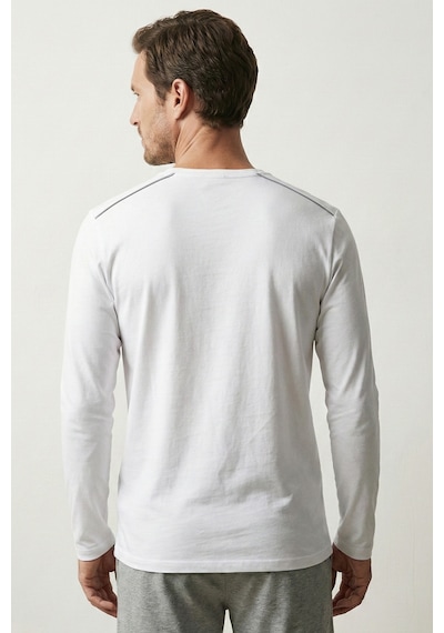 Elemge %100 Pamuk Süprem Uzun Kollu Pijama Üstü Erkek T-shirt Compact Penye Rahat Kalıp Tok Kumaş Beyaz