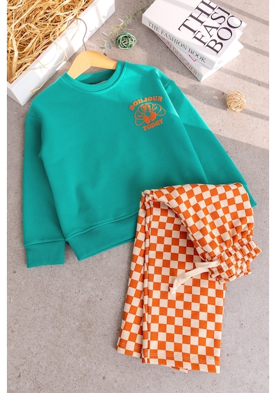 Babymod Erkek Çocuk Sweatshirt Turuncu Dama Desenli Pantolon İkili 3 İplik Altüst Takım Yeşil Babymod Erkek Çocuk Sweatshirt Turuncu Dama Desenli Pantolon İkili 3 İplik Altüst Takım Yeşil
