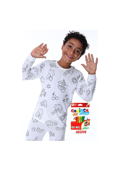 Zuzunga En Sevimli Figürler Özel Kalemi İle Boyanabilir Çocuk Pijama Takımı 12'li Kalem Seti Hediye Beyaz1 Beyaz