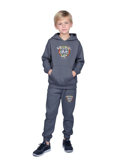 Panios Kids Kanguru Cepli Kapüşonlu Never Give Up Baskılı Erkek Çocuk Eşofman Takımı Füme