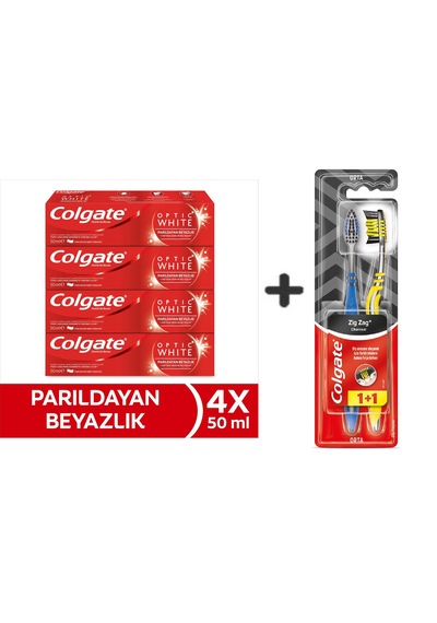 Colgate Optic White Parıldayan Beyazlık 50 Ml X4 Adet + Zig Zag Charcoal 1+1 Orta Sert Diş Fırçası Beyazlık
