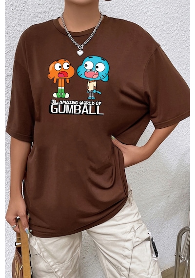 Unisex Gumball Baskılı T-shirt Kahverengi