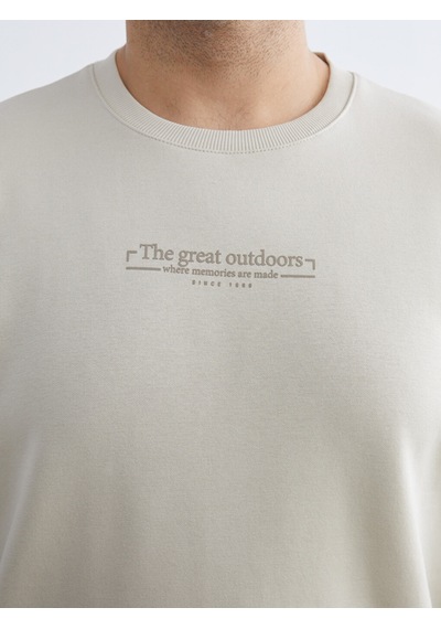 Lcwaıkıkı Classic Bej Büyük Beden Bisiklet Yaka Baskılı Kalın Erkek Sweatshirt