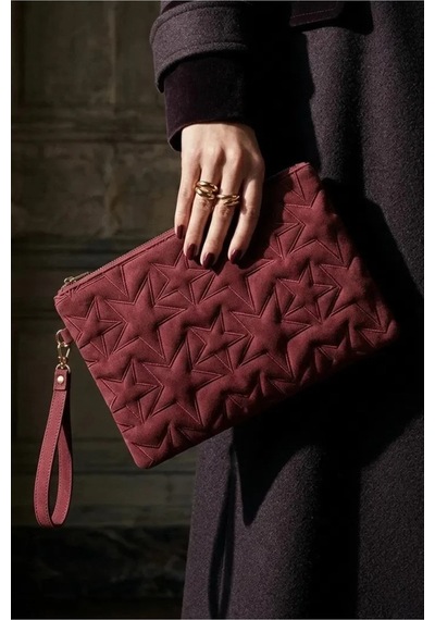 Adelina Bags Süet Yıldız Nakış İşlemeli Portföy El Çantası Bilek Askılı Astarlı Süet Clutch Çanta Bordo