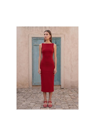 Dilvin 91099 Extra Slim Fit Midi Elbise-kırmızı-16464