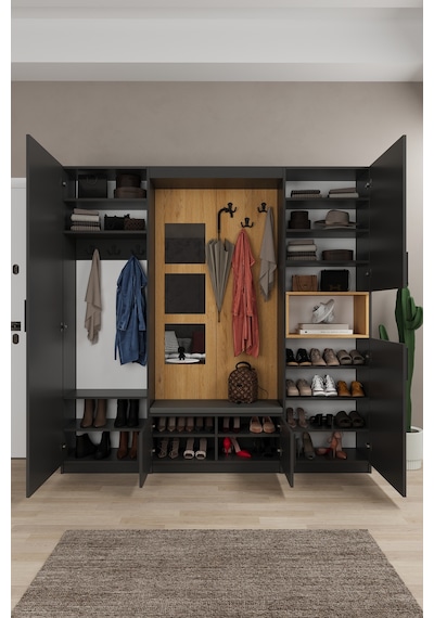 Lüks Aynalı Portmanto Askılı Vestiyer %100 Mdf Çok Raflı Ayakkabılık V04 Koyu Gri - Karina Lüks Aynalı Portmanto Askılı Vestiyer %100 Mdf Çok Raflı Ayakkabılık V04 Koyu Gri - Karina