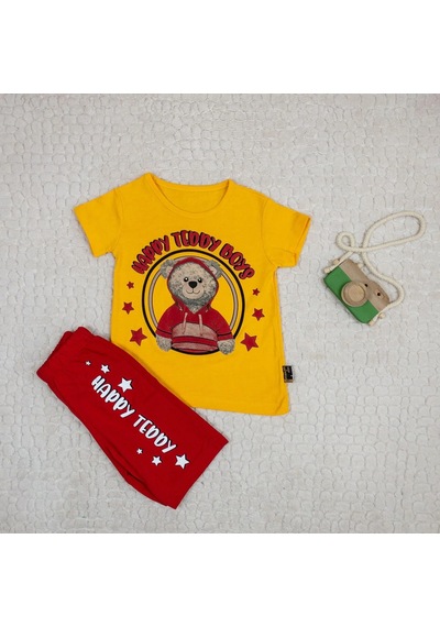 Momikon Erkek Çocuk Happy Teddy Boys Yazılı Pamuklu Takım Sarı