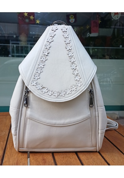 Durush Collection Hakiki Deri, Tasarım El İşlemesi Beyaz Sırt Çantası