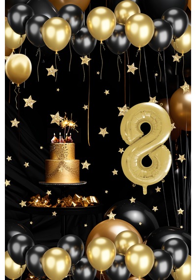 8 Yaş Gold Siyah Balon Seti Gold Rakamlı Doğum Günü Balonu Şık Parti Süsleme Çok Renkli