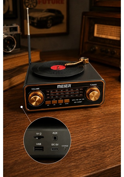 Meier Md-1320bt Siyah Nostaljik Görünümlü Bluetooth Hoparlör Ve 3 Bantlı Şarjlı Radyo