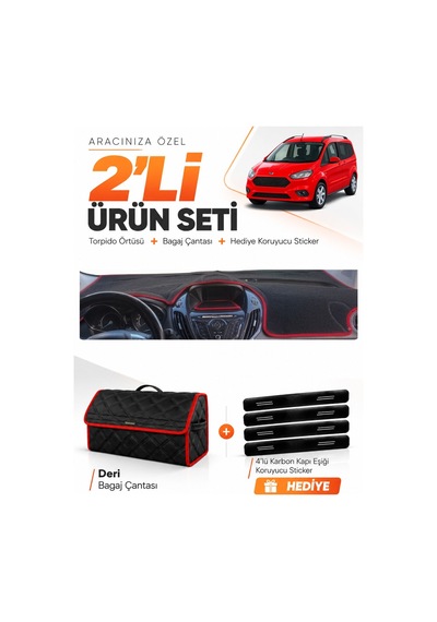 E-biz Ford Courier 2013-2020 Ekranlı Uyumlu Torpido Örtüsü + Deri Çanta - Siyah-kırmızı - Fo003