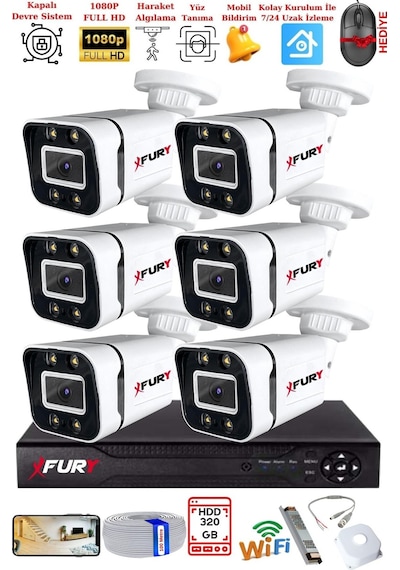 Fury 6 Kameralı 1080p Görüntü Gece Renkli Full Hd 4 X Ultra Led Gece Renkli Güvenlik Kamerası Seti 320gb