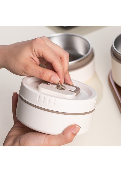 Porsima 25013 Vakumlu 3 Parça Çelik Lunch Box Sefer Tası Çantalı Krem