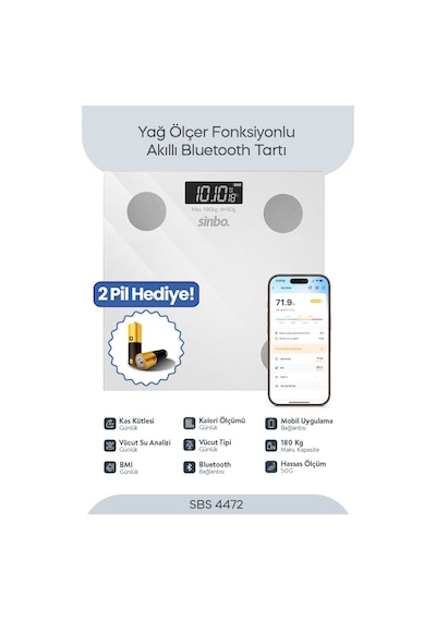 Sinbo SBS-4472 Bluetooth Dijital Yağ Su Kas Vücut Kitle Endeksi Kilo Ölçer Tartı Baskül
