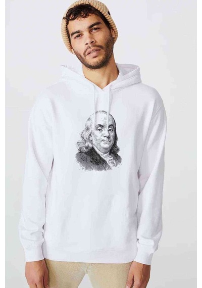 Benjamin Baskılı Beyaz Erkek Örme Kapşonlu Sweatshirt