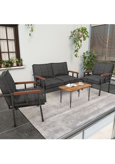 Mygusi Modern Balkon, Bahçe, Cafe - Metal Kanepe Koltuk Takımı - 2 1 1 Sehpa Hediye Antrasit