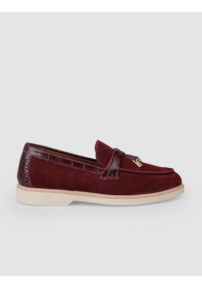 %100 Hakiki Deri Bordo Süet Kadın Loafer Bordo