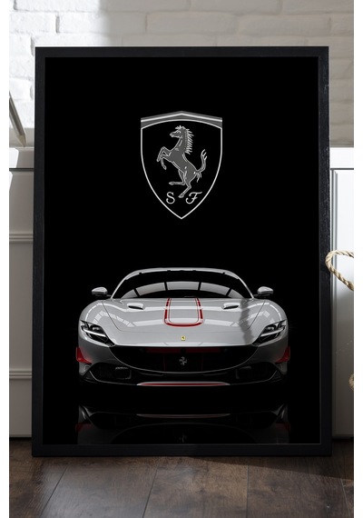 Ferrari Roma Siyah Ahşap Çerçeveli Poster, Dekoratif Araba Duvar Tablosu