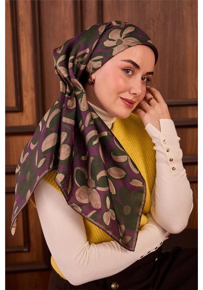 Silk Home Twill İpek Eşarp Erguvan Yeşil Vizon Papatya Desenli Tok Duruşlu 90x90 Çok Renkli