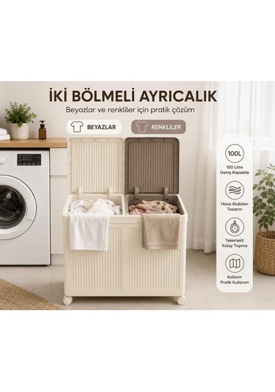 İki Bölmeli Tekerlekli Kirli Çamaşır Sepeti, 100 L Kapasiteli, Hava Alabilen, Katlanır, Krem Diğer