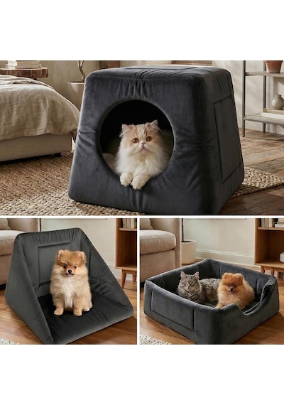 3in1 Kedi Köpek Yatağı Ve Oyujn Evi - Üç Fonksiyonlu Kedi Ve Küçük Irk Köpekler İçin Yatak-minder-yuva - 50 X 50 Cm
