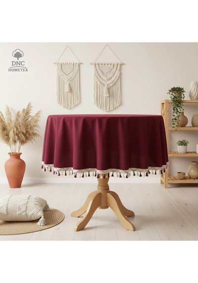 Premium Keten Bordo Yuvarlak Ponponlu Masa Örtüsü Bordo