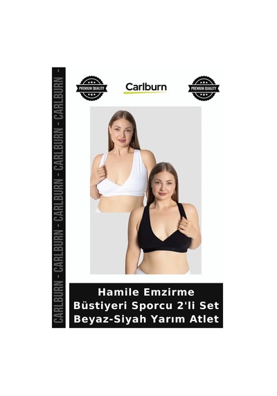 Carlburn Hamile Emzirme Büstiyeri Sporcu 2'li Set Beyaz-siyah Yarım Atlet Rahat İç Giyim Kalın Askılı Renkli
