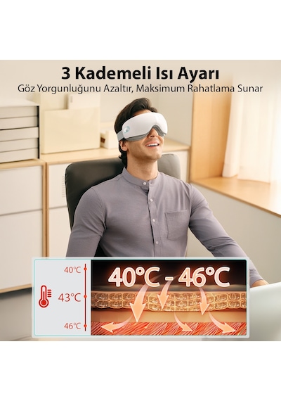 Es500 Göz Masaj Aleti Isı Terapili, Bluetooth Müzikli, Sessiz, Taşınabilir, 1500 Mah, Parlak Beyaz