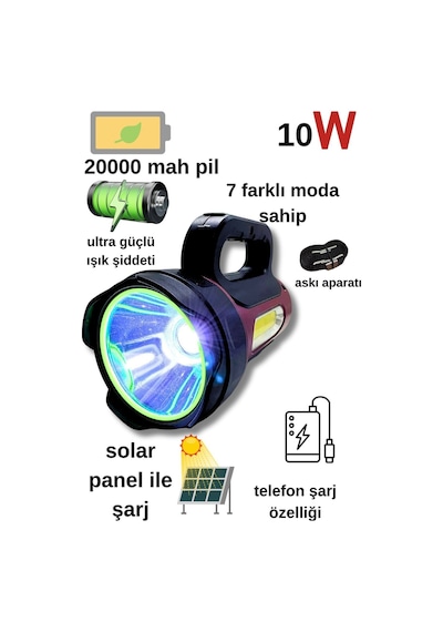 10w Uzun Menzilli Solar Panelli Powerbank Usb Çıkış S.o.s Lu Ultra Güçlü Ledli Şarjlı Feneri Siyah